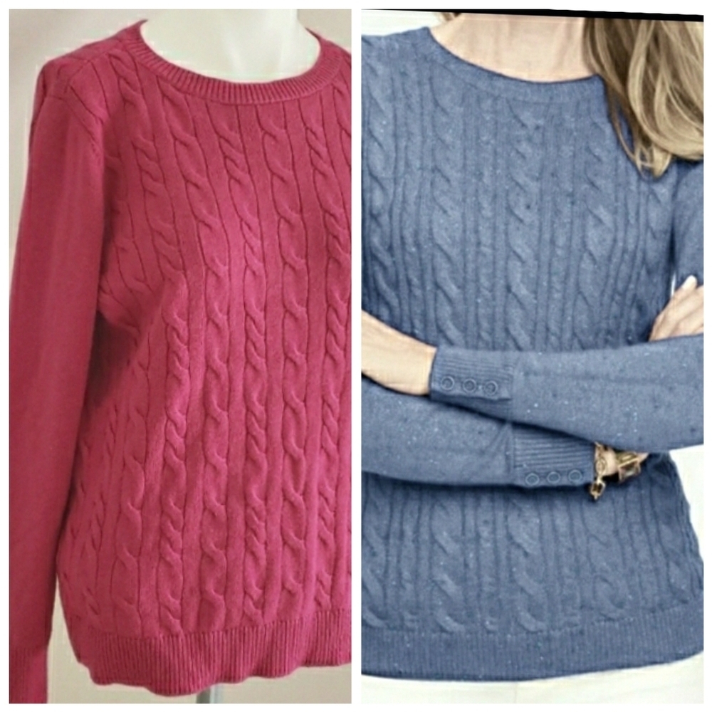 Talbots Petite Button Cuff Cable Knit Lambswool Blend Crew Raspberry Sweater LP